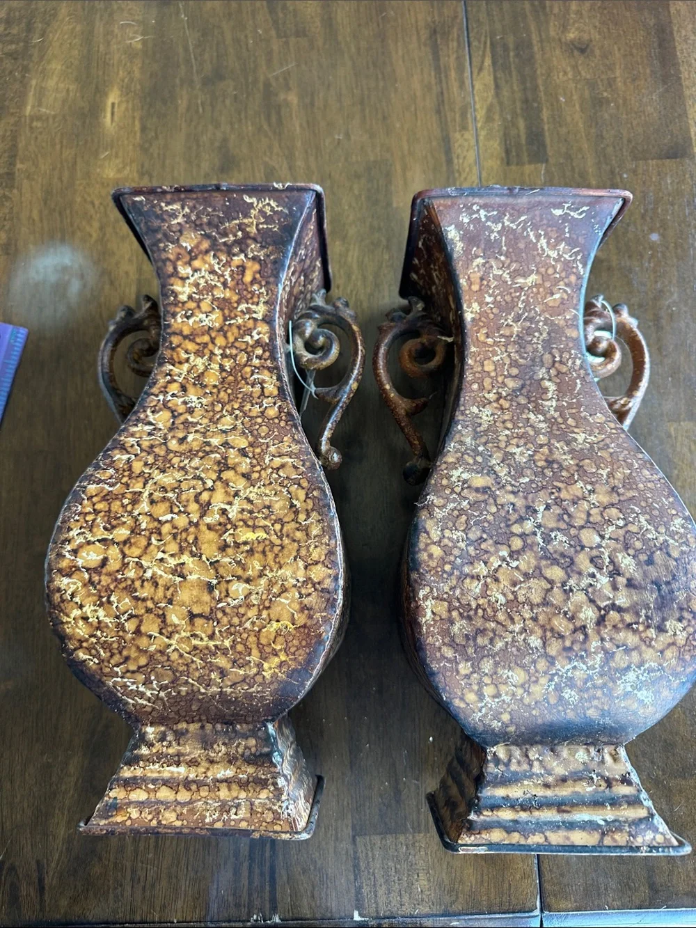 Pair of Brown Speckled Metal Urn Vases with Scroll Handles